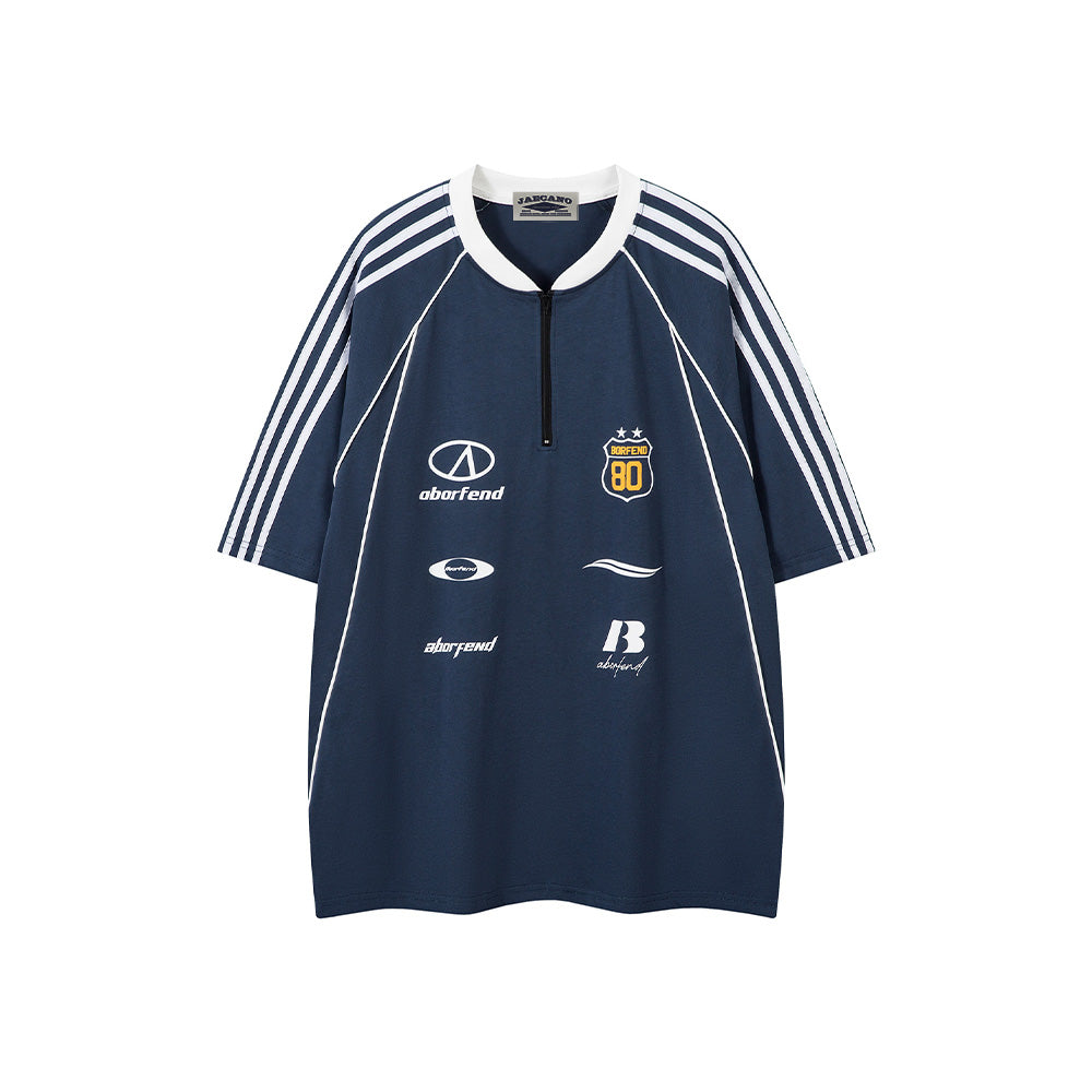 Lettering print half-zip short sleeves