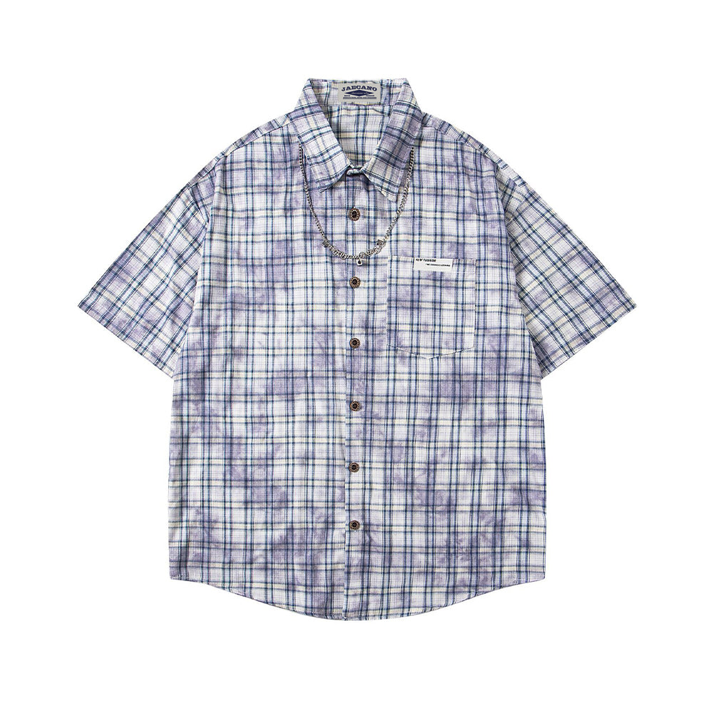 休閑格子短袖襯衫