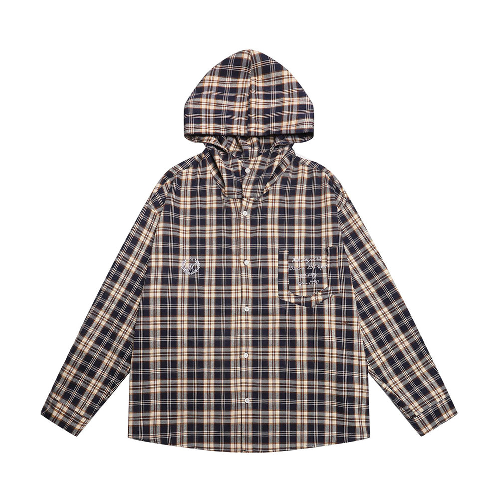 做舊撞色格子連帽襯衫