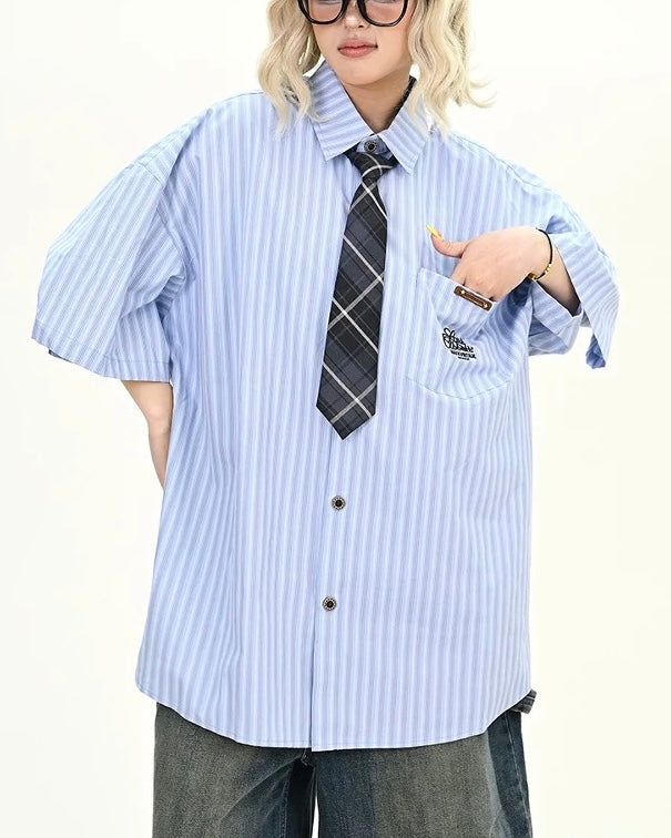 Vintage Striped Short Sleeve Shirt with Tie