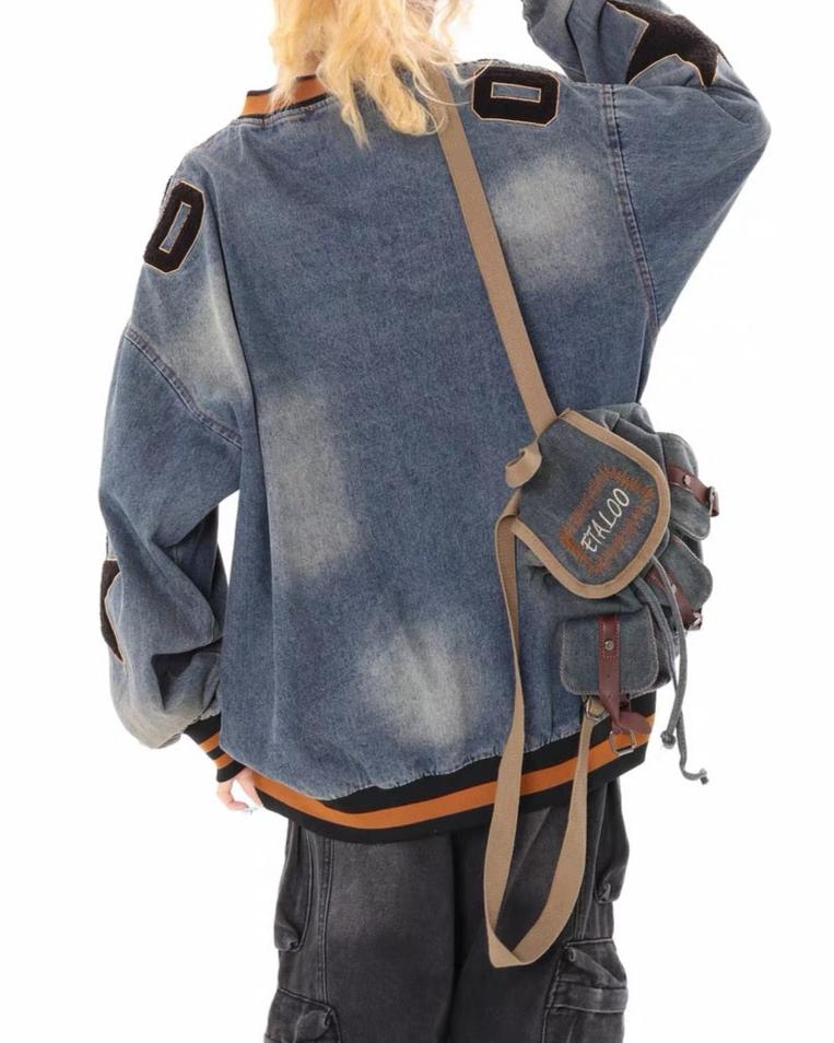 Retro distressed washed denim long sleeves