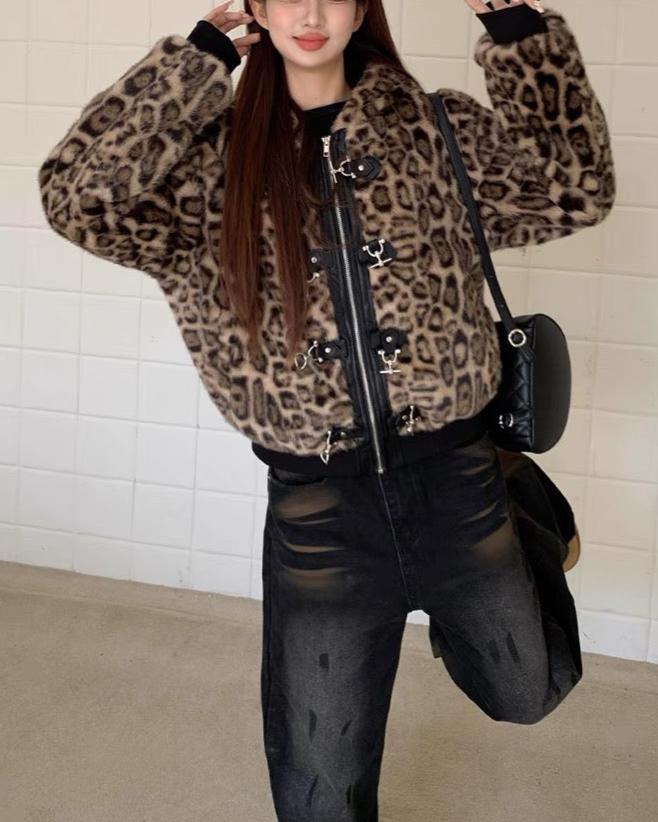 Vintage leopard print cotton hooded jacket