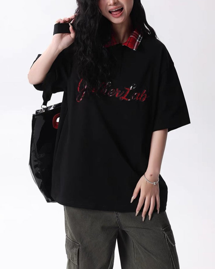 레트로 플레드 스티칭 라펠 폴로 반팔