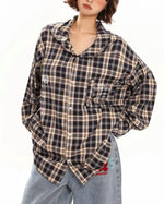 做舊撞色格子連帽襯衫