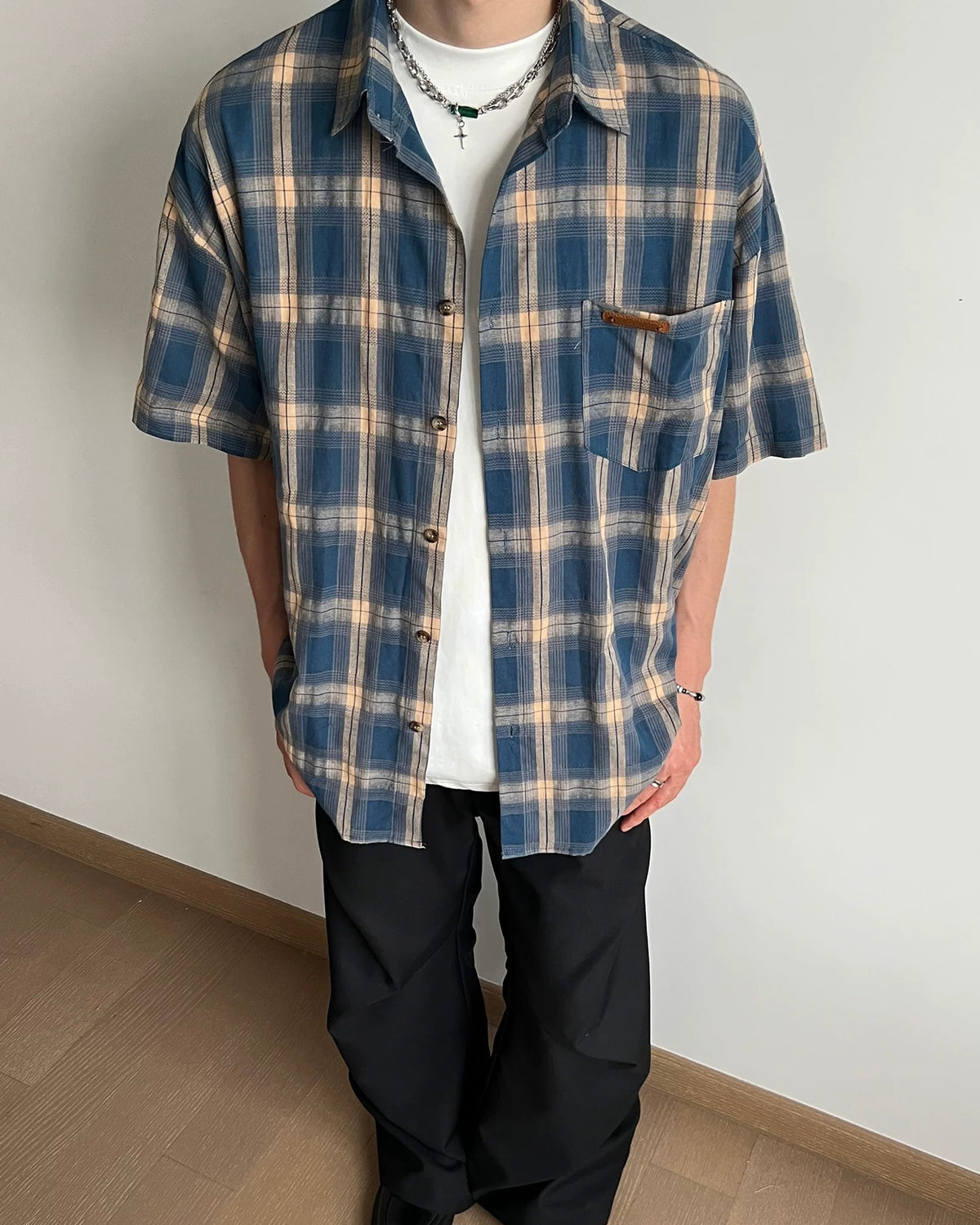 American retro plaid short-sleeved shirt
