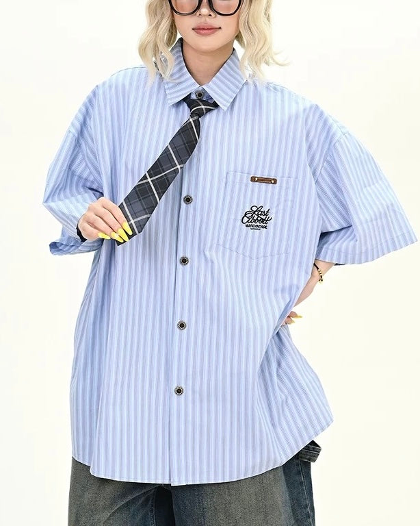 Vintage Striped Short Sleeve Shirt with Tie