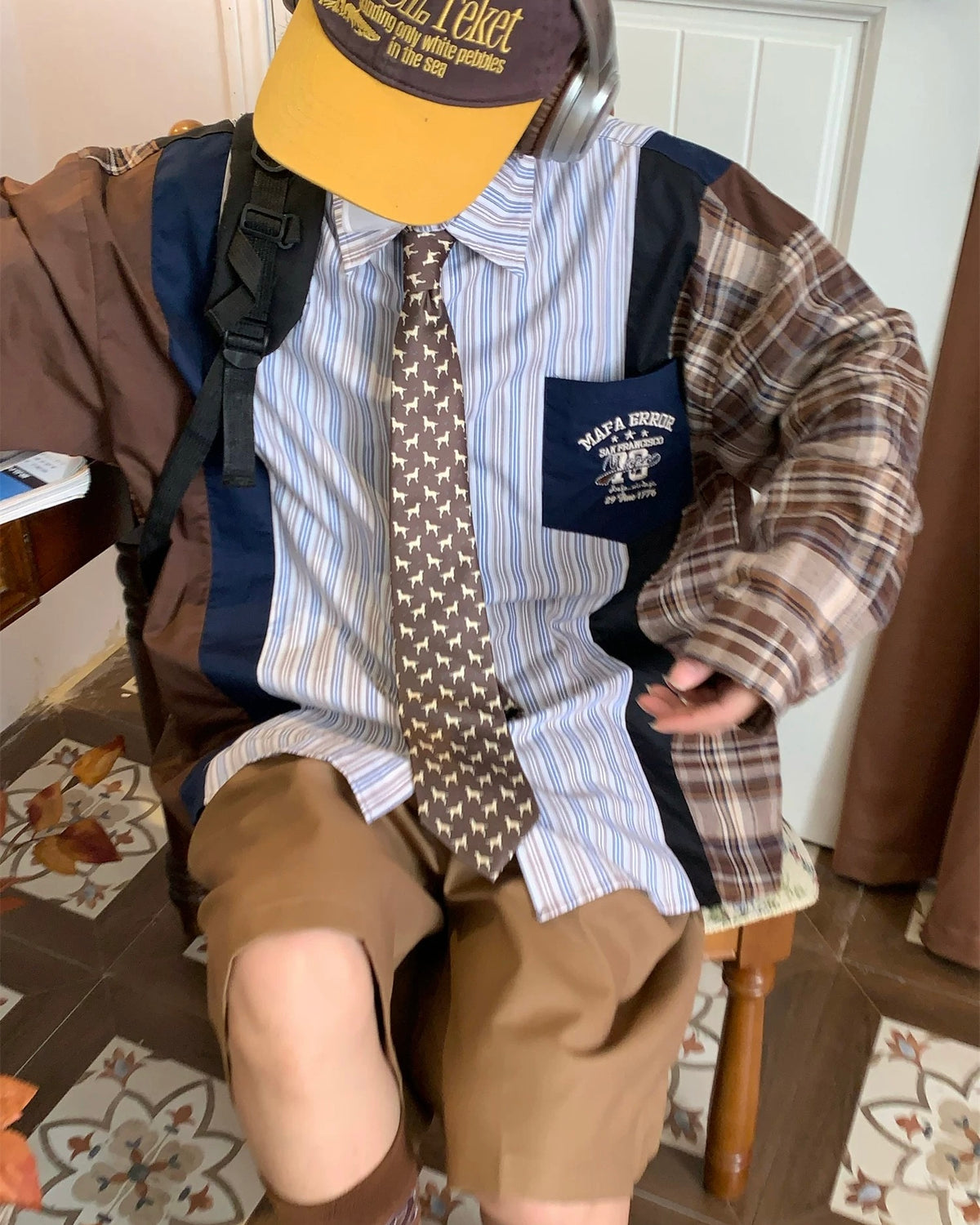 復古拼接撞色條紋襯衫