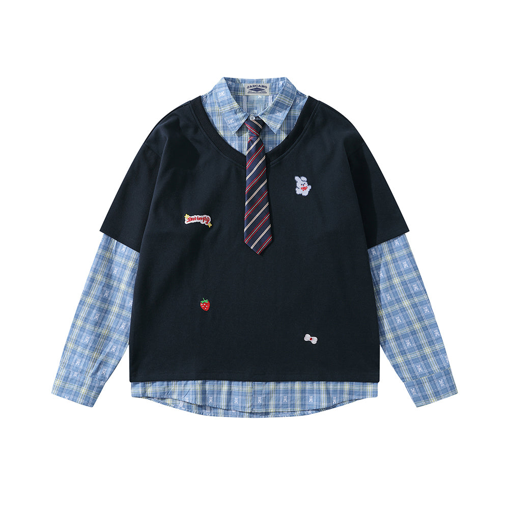 Fake two-piece plaid sweatshirt