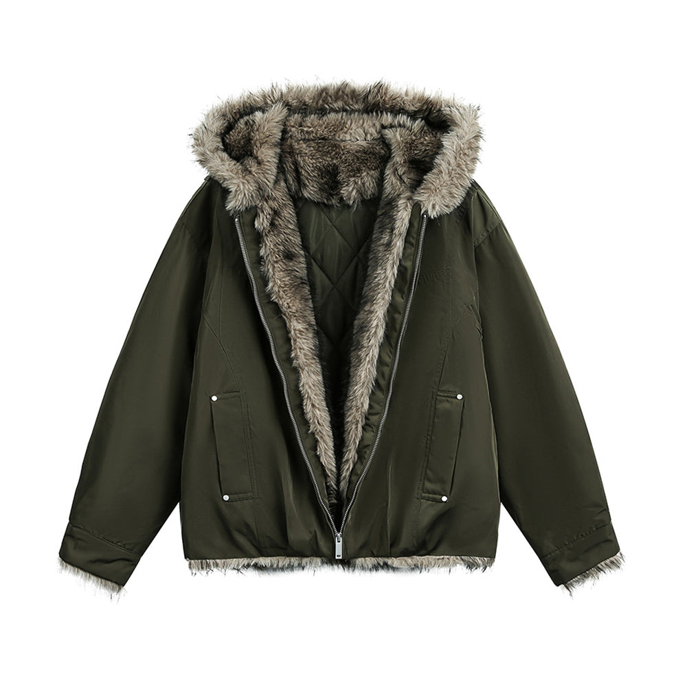 Hooded cotton-padded jacket with fur collar