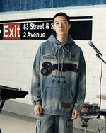 水洗牛仔連帽衛衣