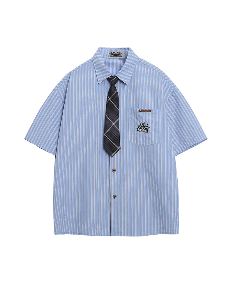 Vintage Striped Short Sleeve Shirt with Tie