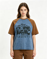 Retro color-blocked raglan sleeve short sleeve