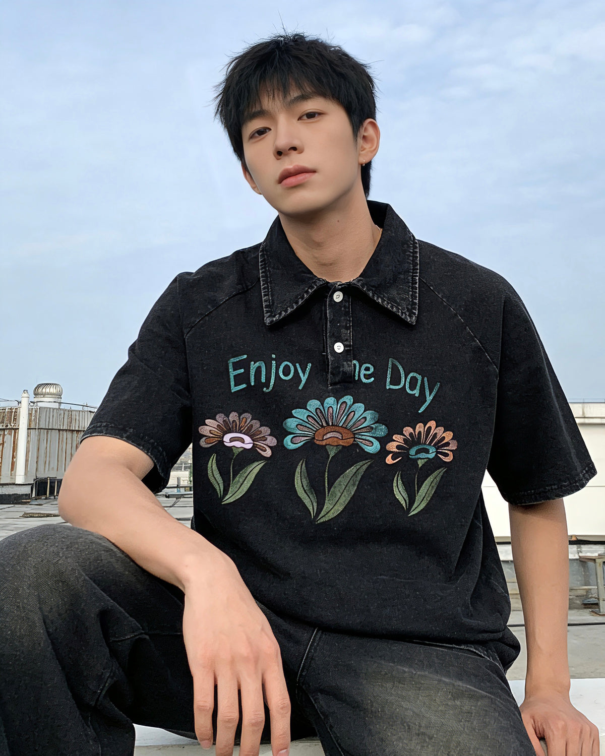 美式水洗做舊花朵翻領短袖