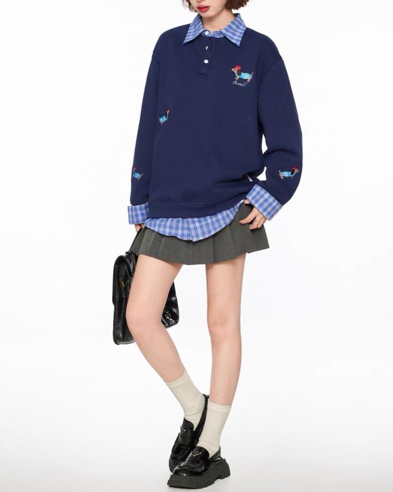 Spliced plaid fake two-piece polo sweatshirt