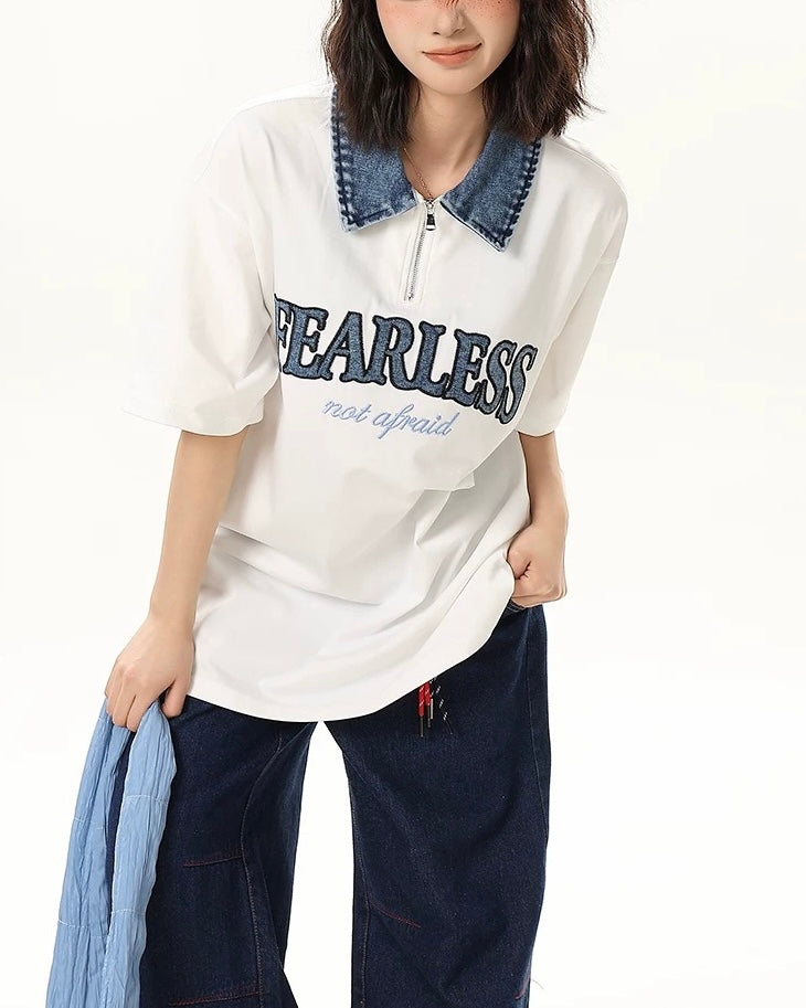 아메리칸 레트로 라펠 지퍼 반소매