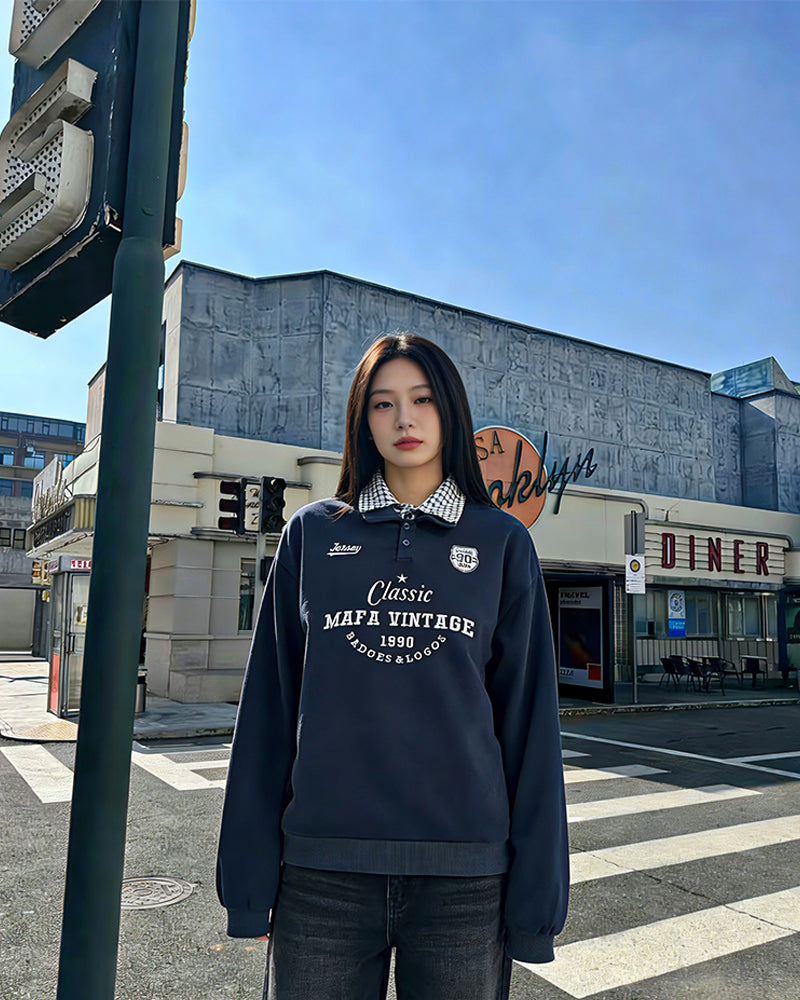 레트로 스타일의 칼라가 있는 인조 가죽 투피스 스웨트셔츠