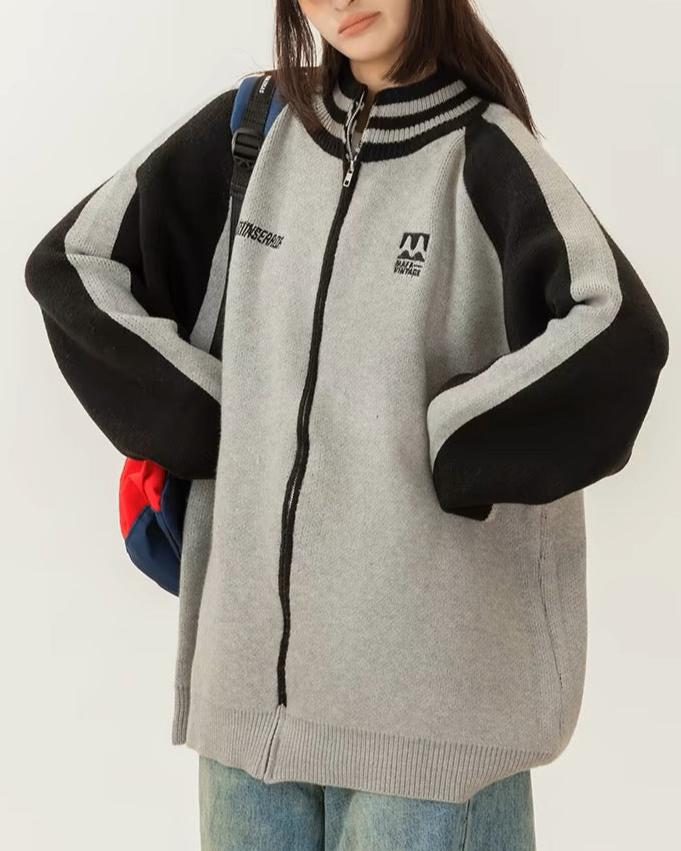 復古拼色刺綉立領針織外套