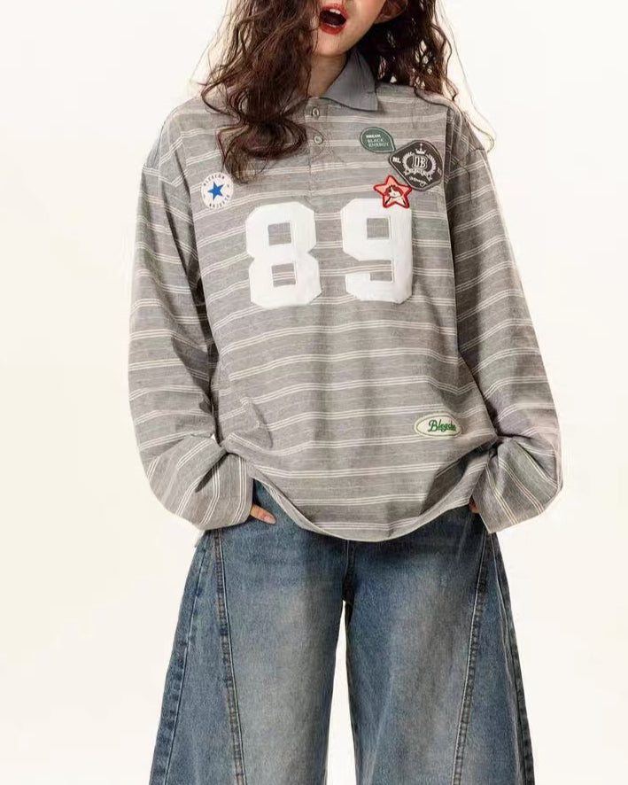 Retro letter lapel striped long sleeves