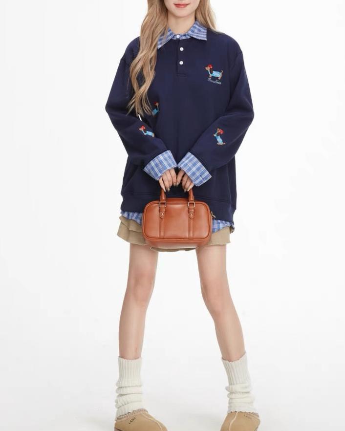 復古格子假兩件衛衣