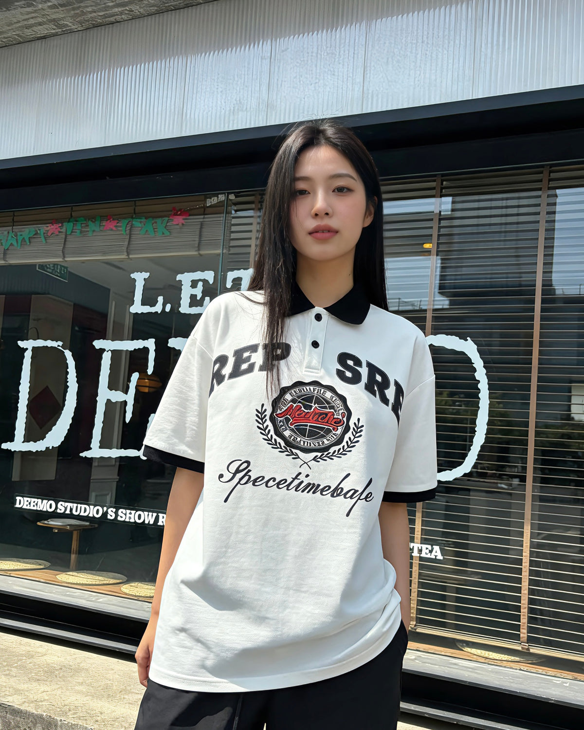 아메리칸 레트로 힙합 자수 문자 반팔