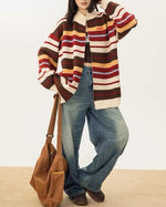 striped stand collar cardigan sweater