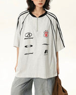 Lettering print half-zip short sleeves
