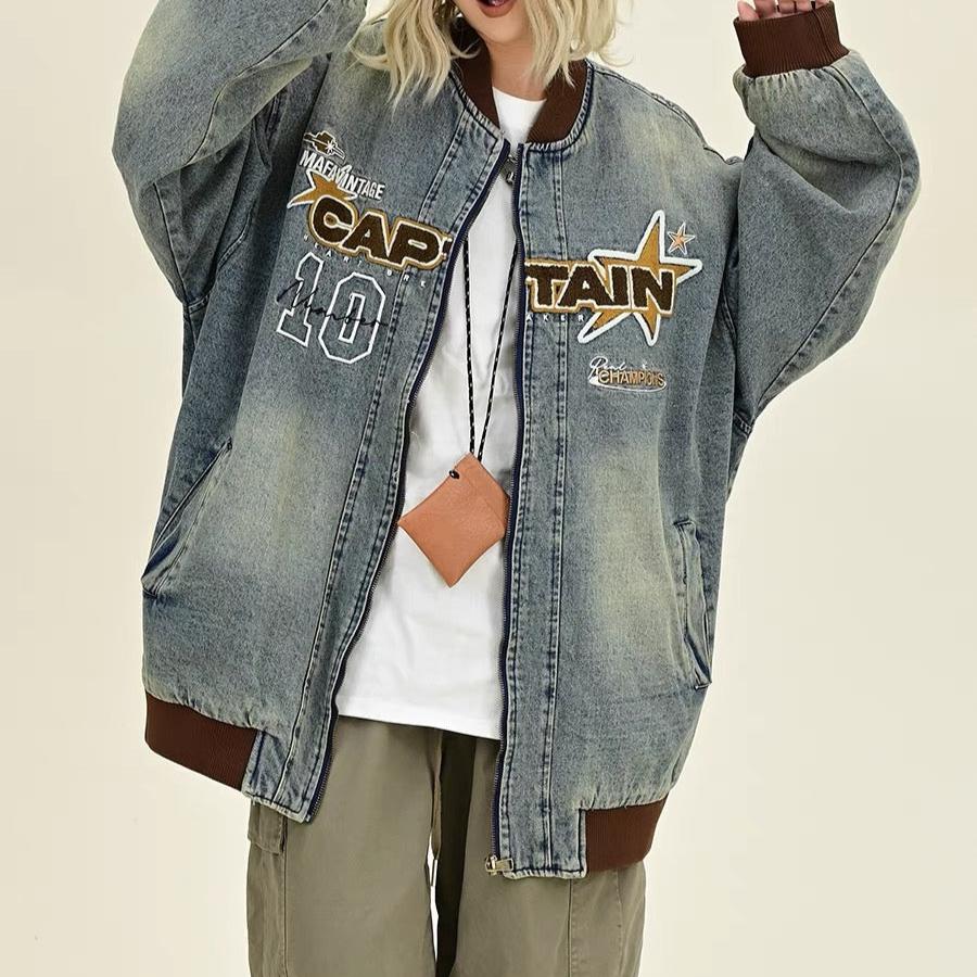 Retro distressed embroidered denim baseball jersey