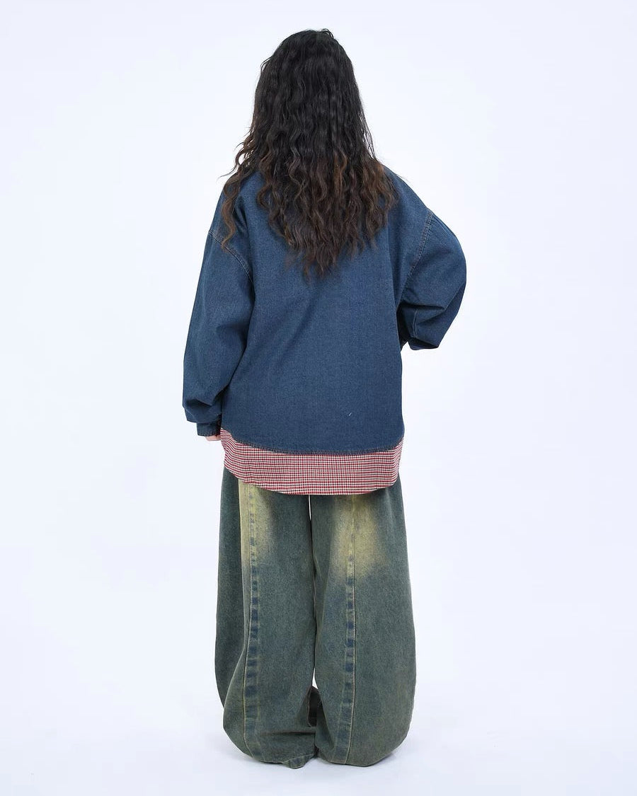 Spliced fake two piece denim shirt