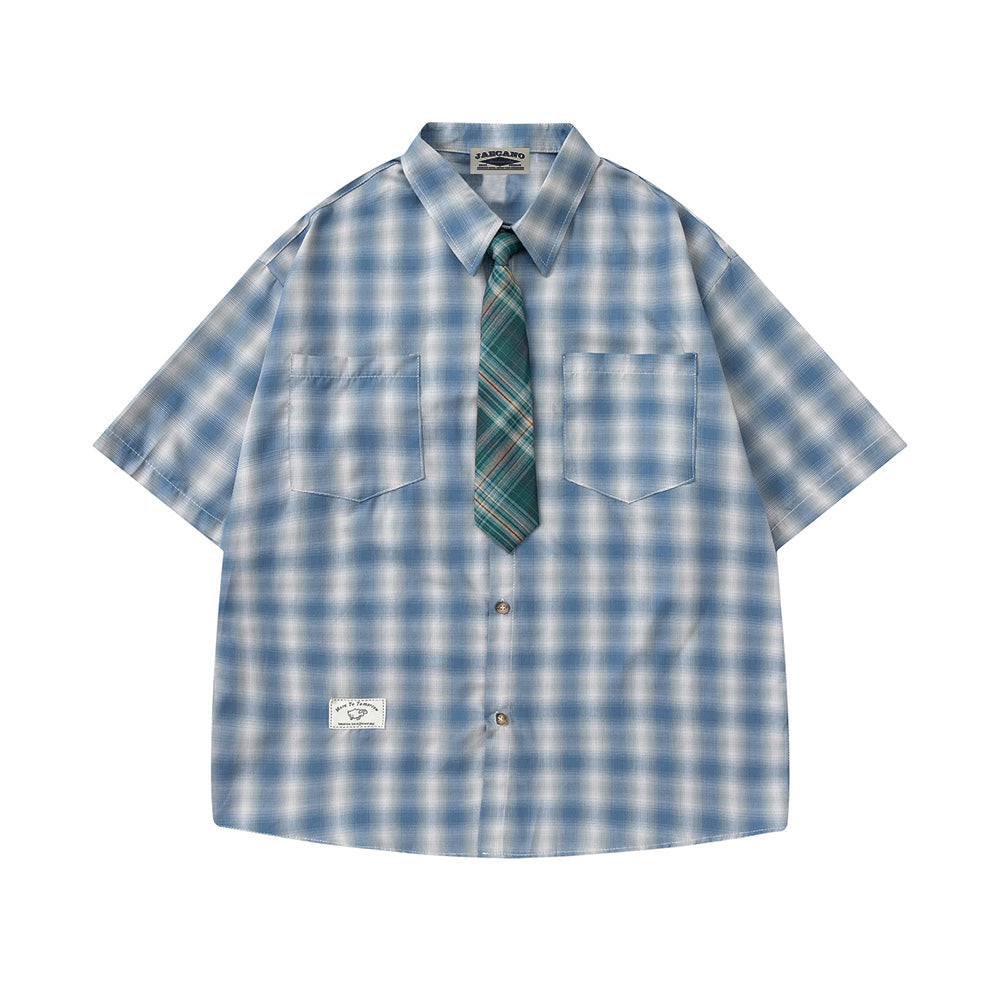 Vintage Plaid Tie Short Sleeve Shirt