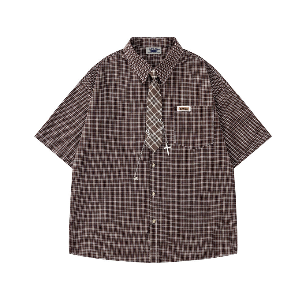 復古格紋短袖襯衫