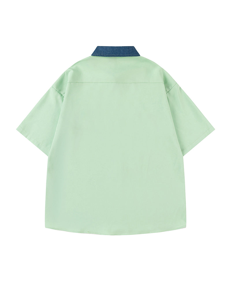 Contrast color stitching cute short sleeve shirt