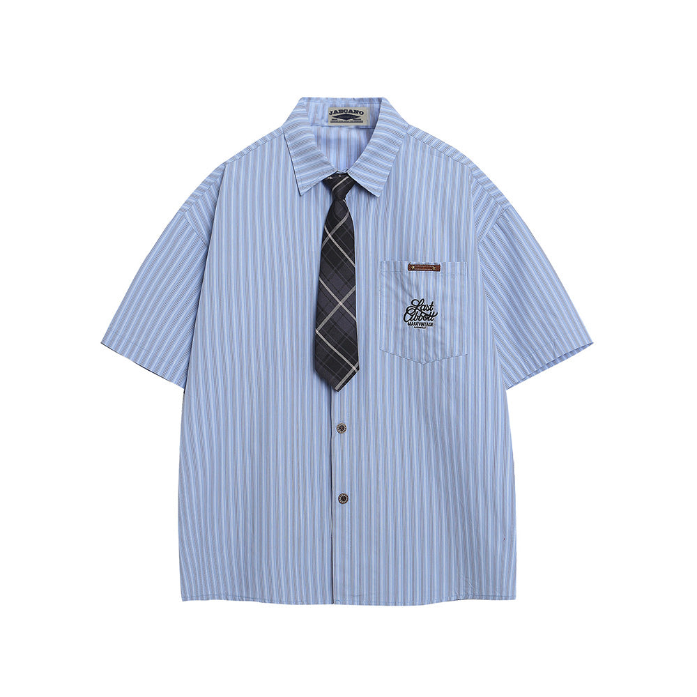 Vintage Striped Short Sleeve Shirt with Tie