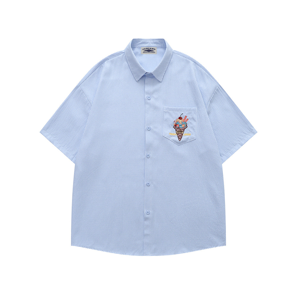 Embroidered plaid short-sleeved shirt