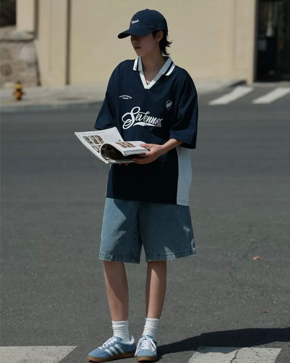 Contrast color stitching polo short sleeves