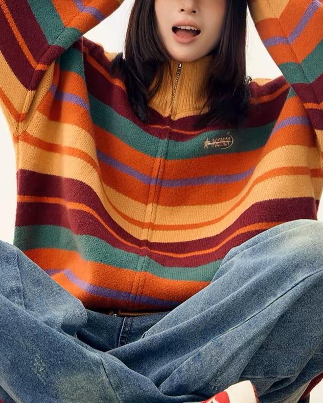 striped stand collar cardigan sweater