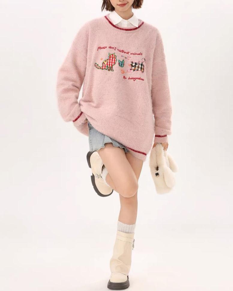 復古貓咪貼布毛衣