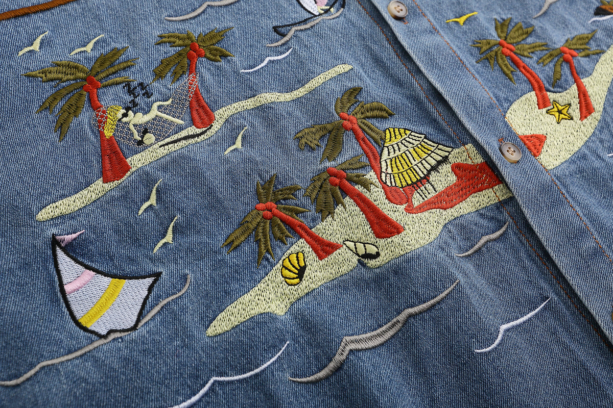 美式復古海邊刺綉牛仔襯衫