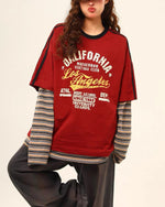 Retro contrast color casual fake two-piece long sleeves