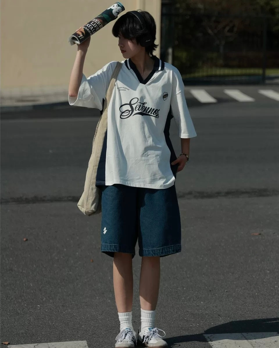 Contrast color stitching polo short sleeves