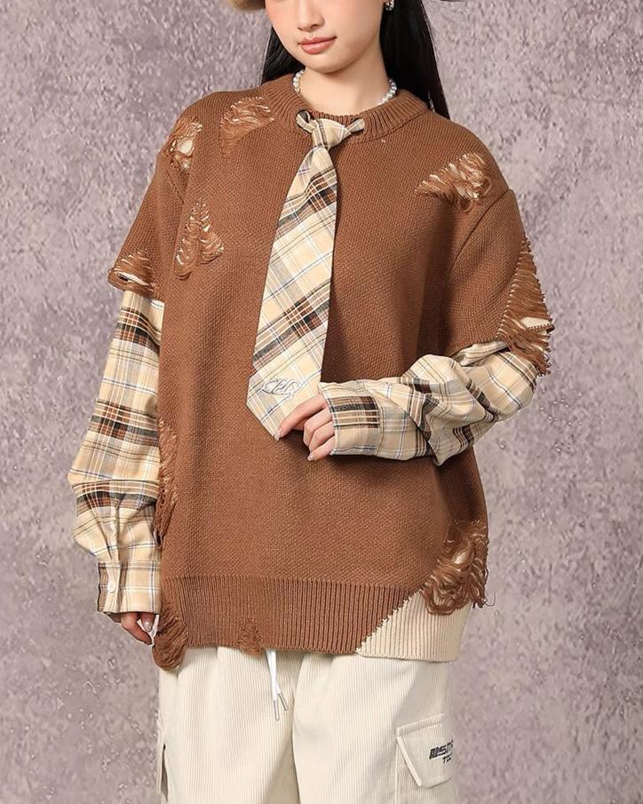 Retro patchwork fake two-piece knitted sweater