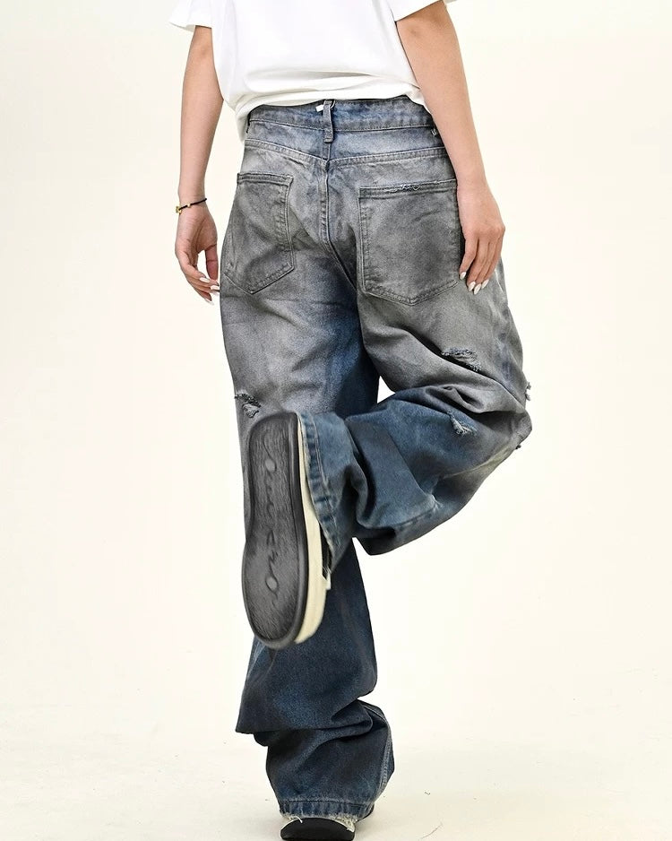 水洗破洞直筒牛仔褲