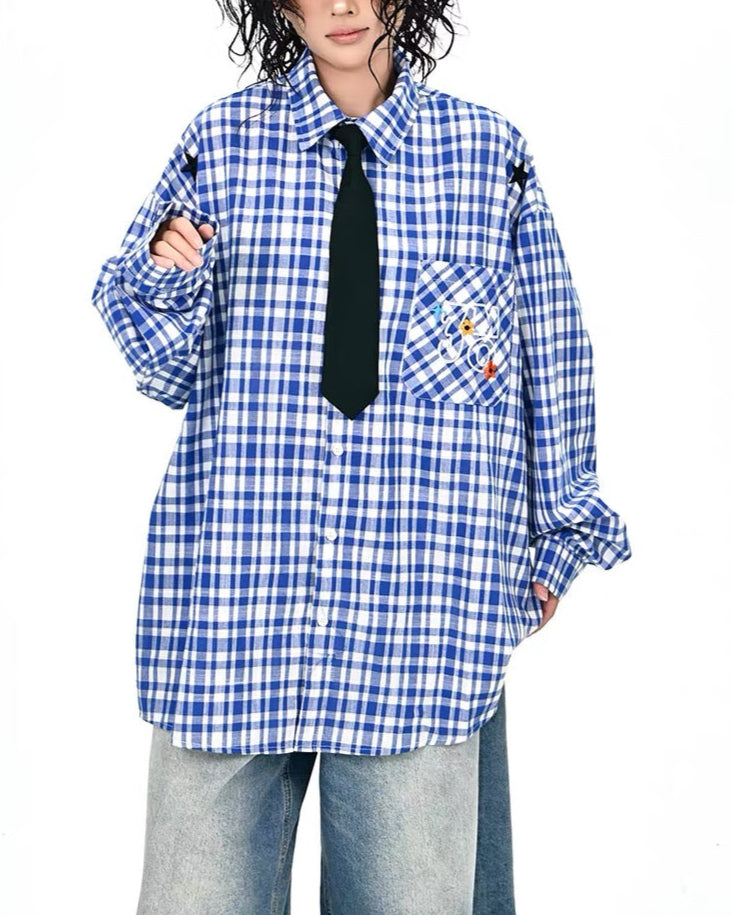 Retro casual plaid long-sleeved shirt