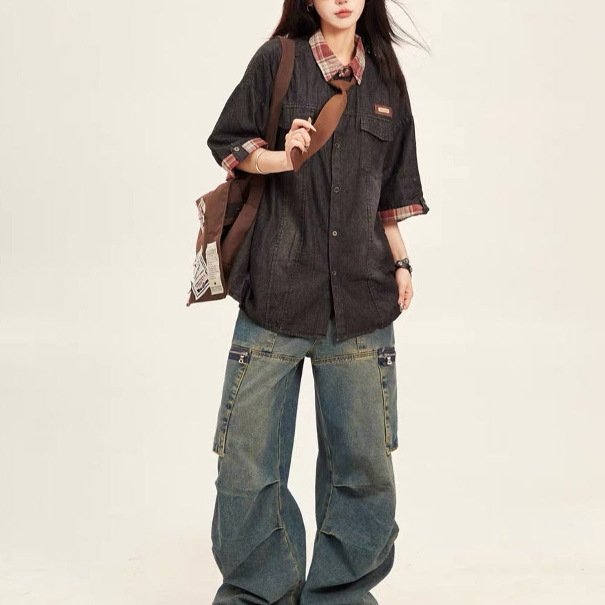 American retro gradient denim tie shirt