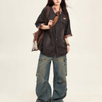 American retro gradient denim tie shirt