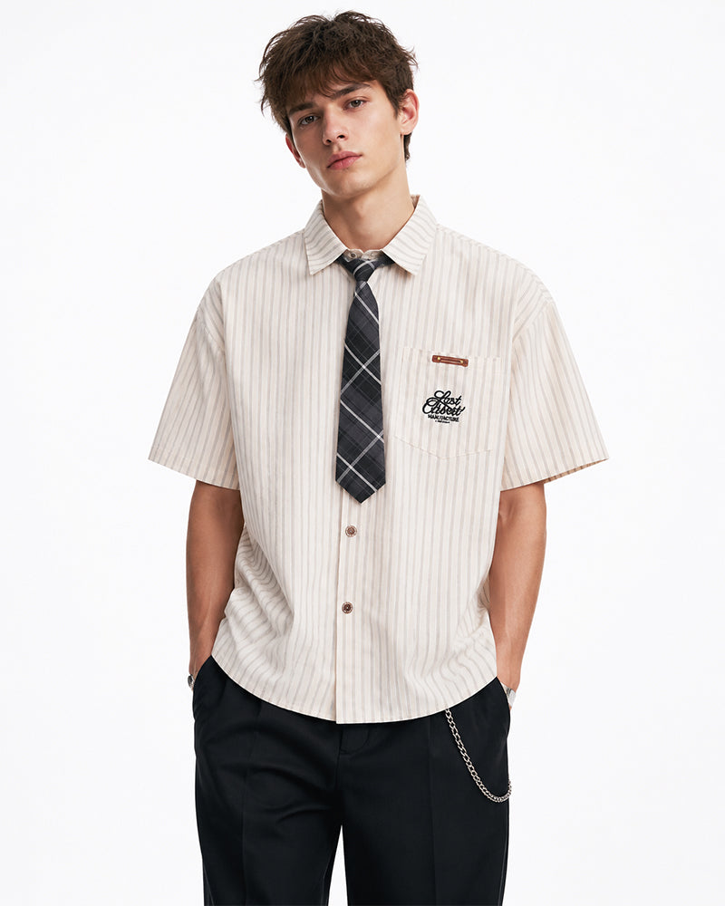 Vintage Striped Short Sleeve Shirt with Tie