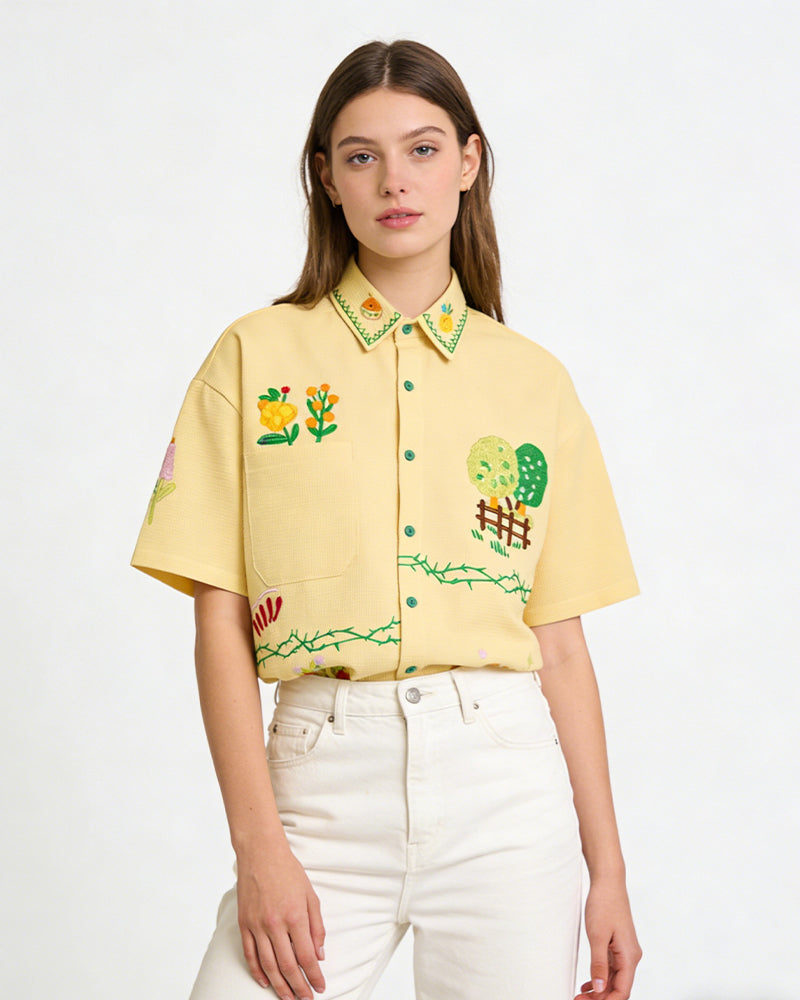 植物刺綉短袖襯衫