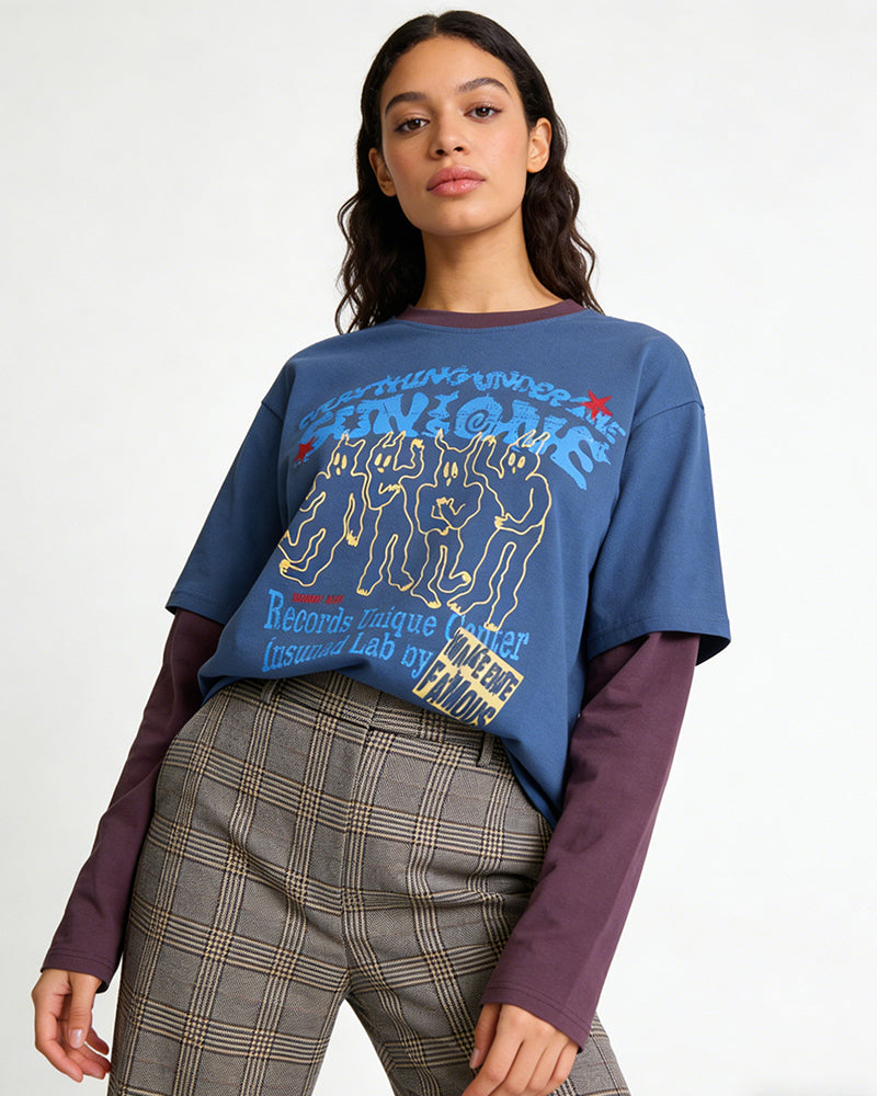 Faux two-piece color-blocked long-sleeved top