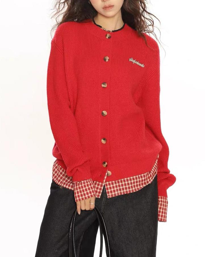 復古短款拼接開衫毛衣