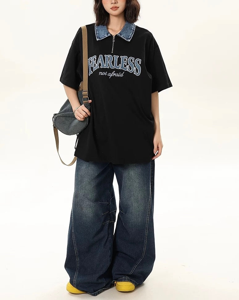 아메리칸 레트로 라펠 지퍼 반소매