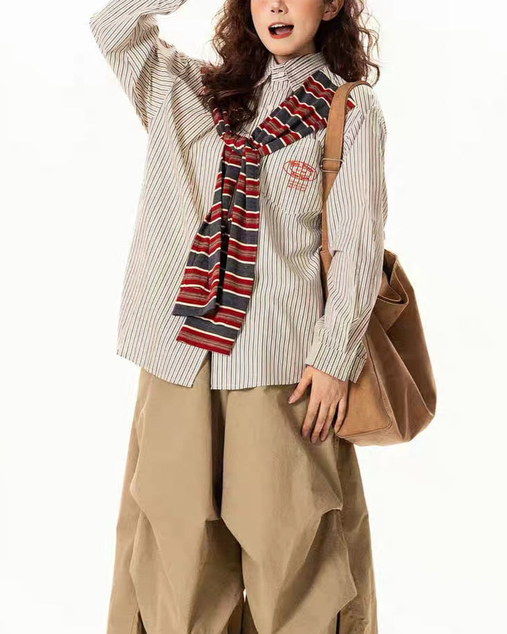 Fake two-piece cape striped long-sleeved shirt